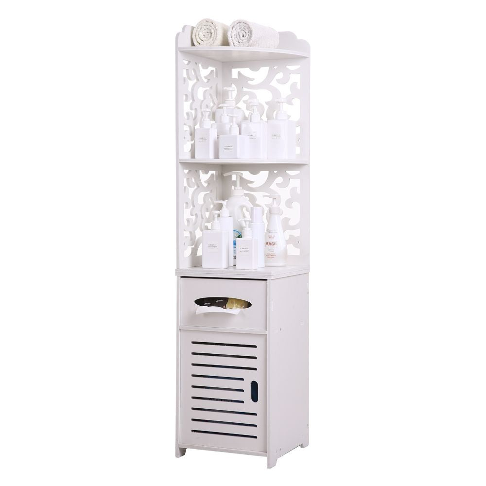 White Bathroom Floor Corner Cabinet Toilet Paper Storage Holder Organizer Shelf