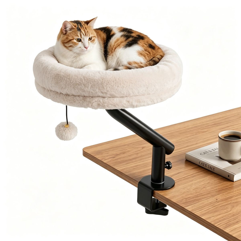 White ClampOn Desk Cat Bed Perch, 360 Rotatable Elevated Cat Bed with Removable Faux Fur Cover & Dangling Ball, HeavyDuty Metal Desk Mount Cat Bed for Home Office Gaming Desk
