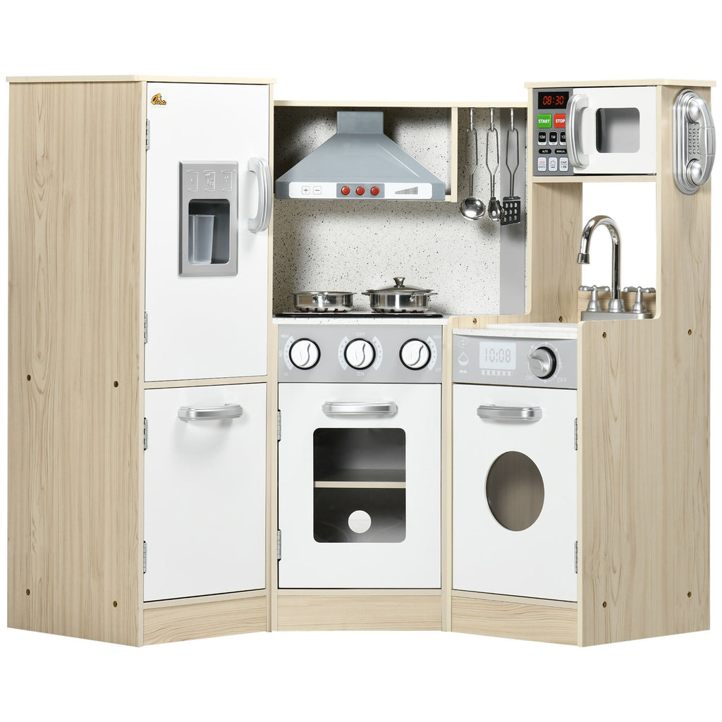 White Corner Wooden Play Kitchen | Interactive Ice Maker and Play Phone