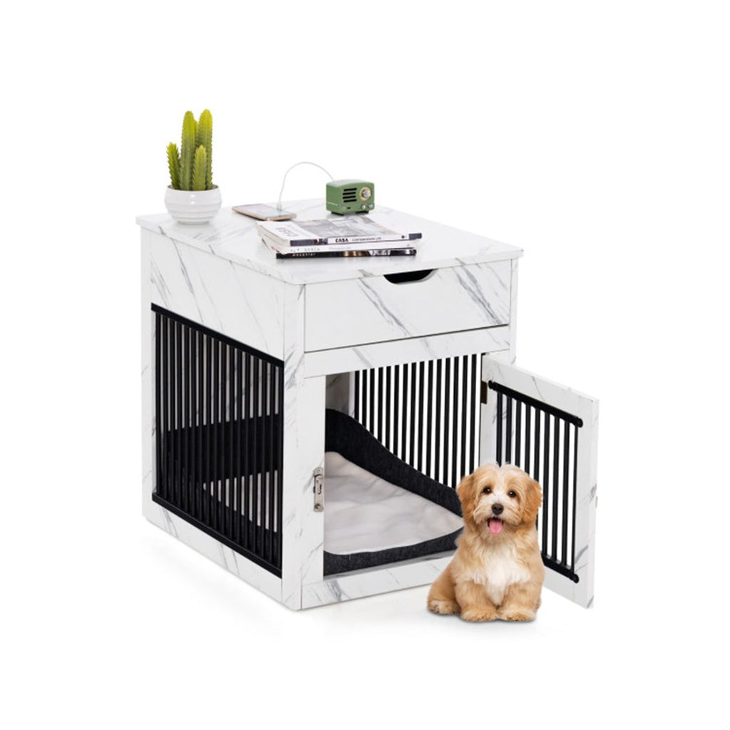 White Dog House with Drawer and Wired Wireless Charging, Side Table, Nightstand,