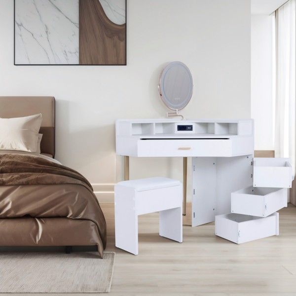 White Dressing Table Stool Set, removable mirror, tri-color illuminated mirror, four drawers with outlets
