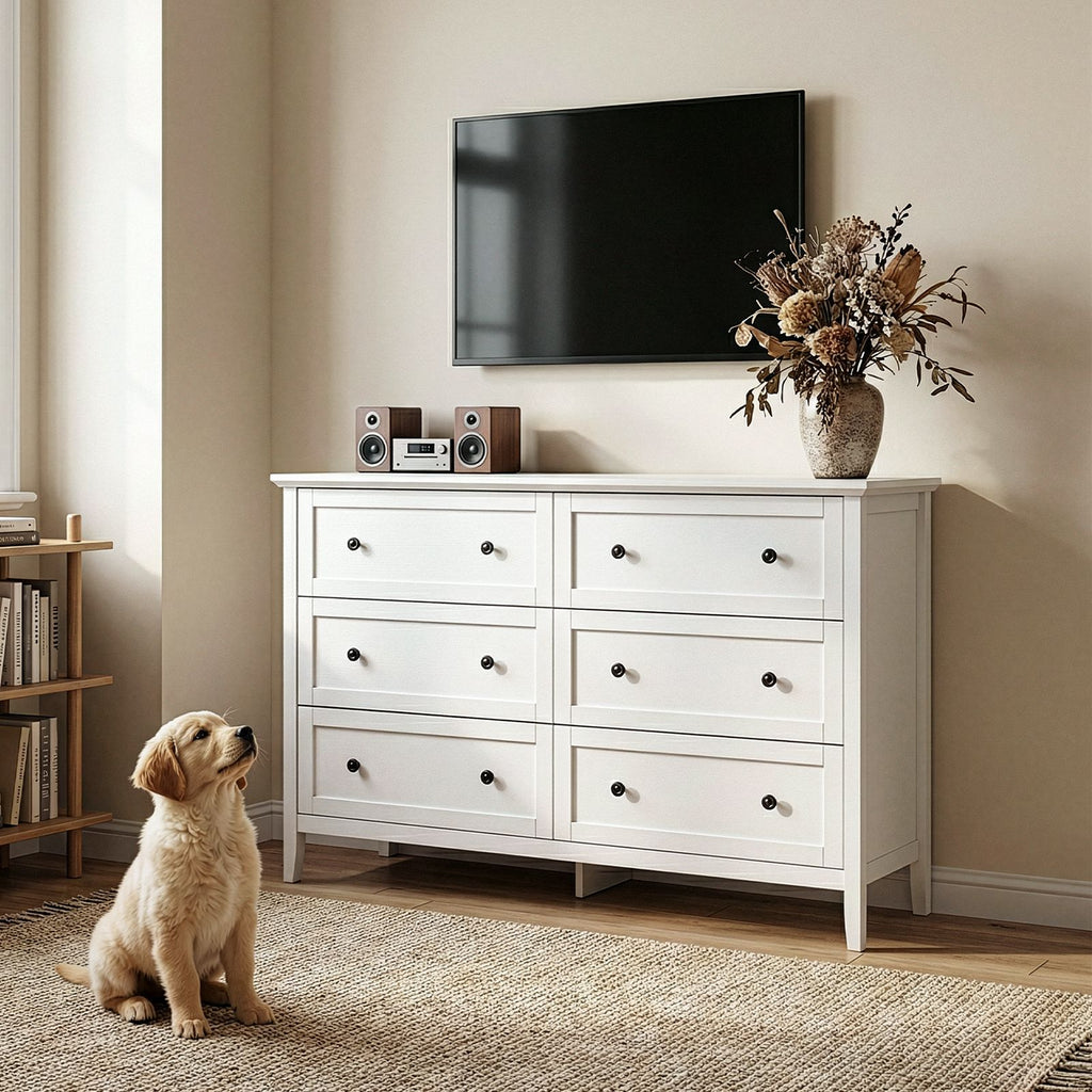 White embossed finish (SG014FD) P2 particleboard + MDF, melamine surface, 120*40*80cm, framed construction, double row of six drawers with double handles, chest of drawers