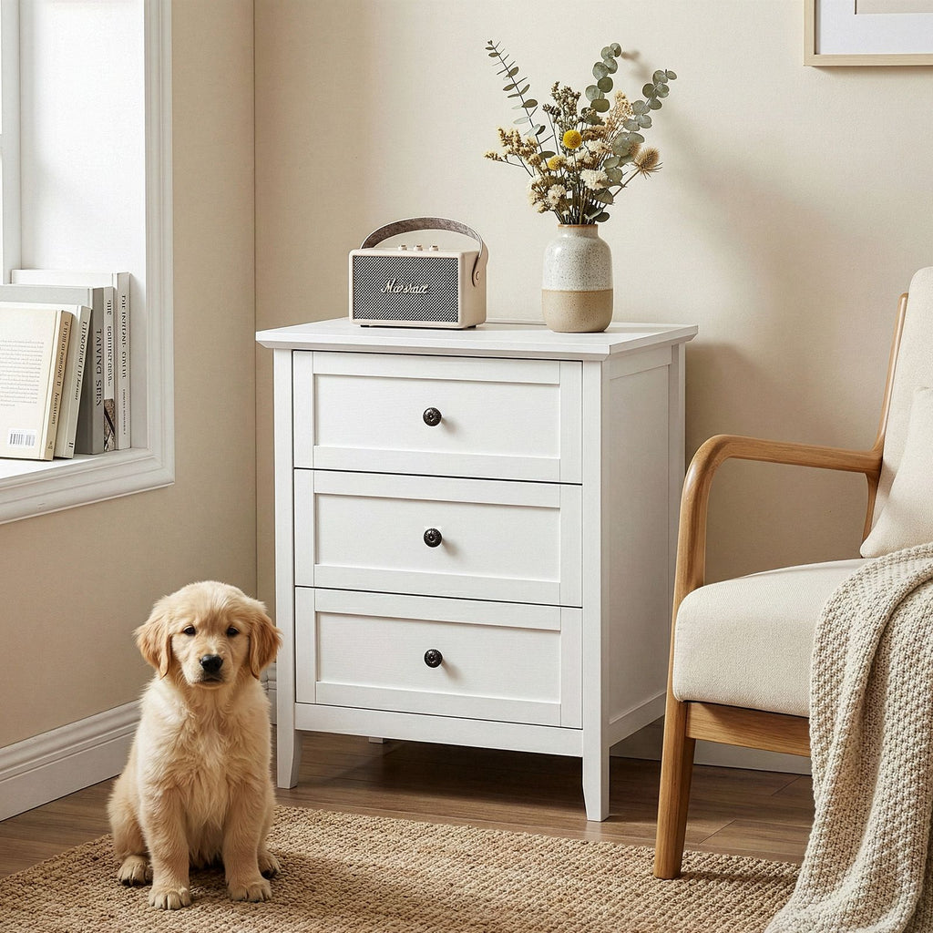 White embossed (SG014FD) P2 MDF + particleboard with melamine veneer, framed, 60*40*70cm, three-drawer bedside table, 1 USB + 1 Type-C + 2 three-prong outlets, US standard