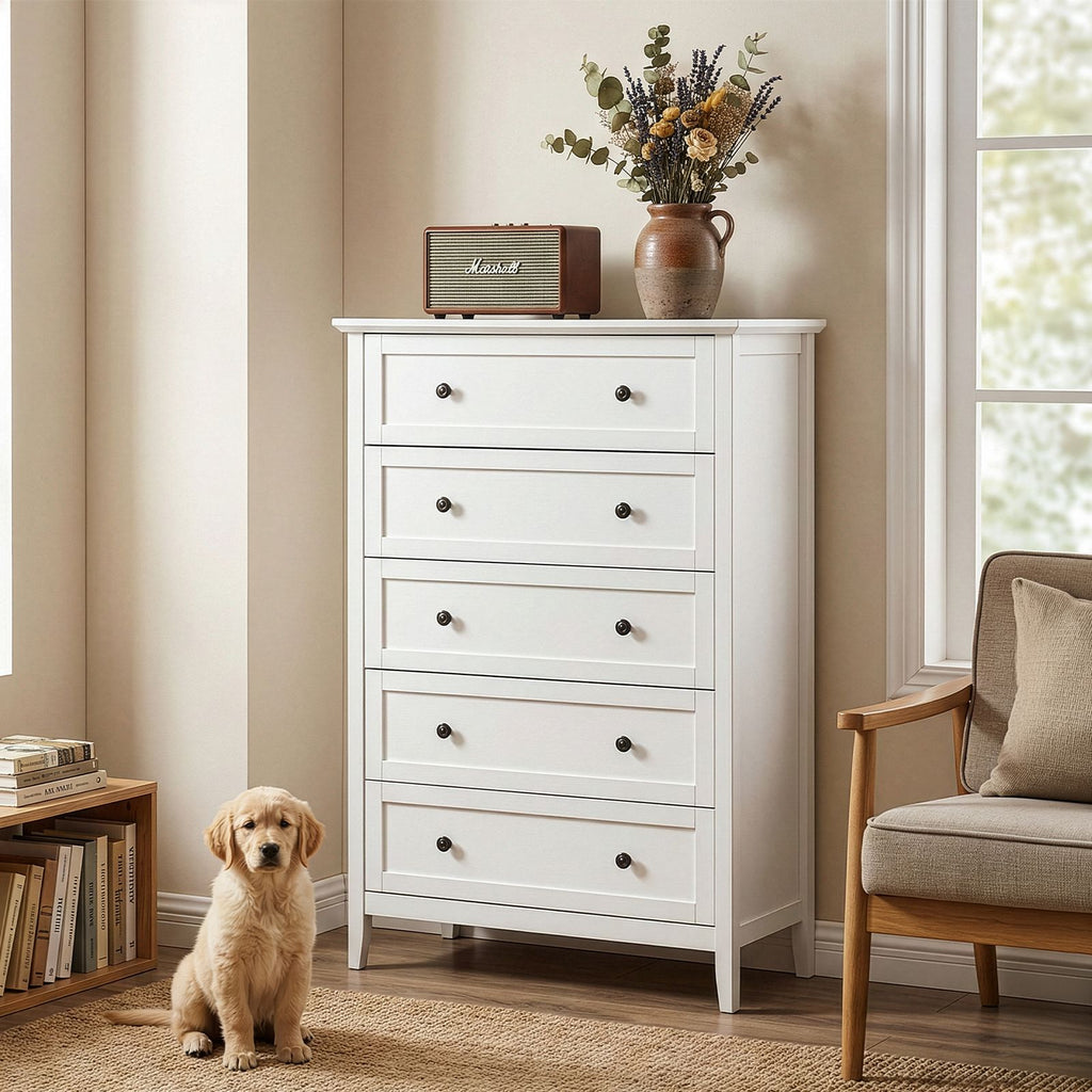 White embossed (SG014FD) P2 Particleboard + MDF Melamine 80*40*115cm Framed, Double Handles, Five Drawers Cabinet