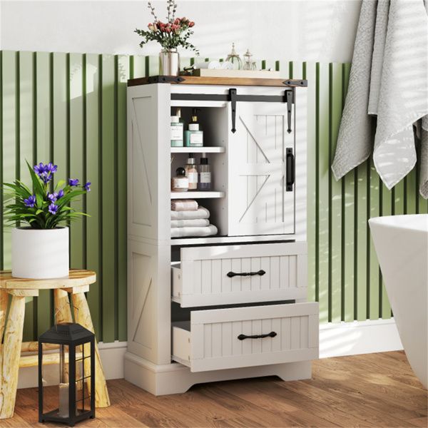 White Farmhouse Accent Cabinet (23.5"x11.5"x41.5") - Barn Door 2 Drawers Adjustable Shelves Multi-Room Use