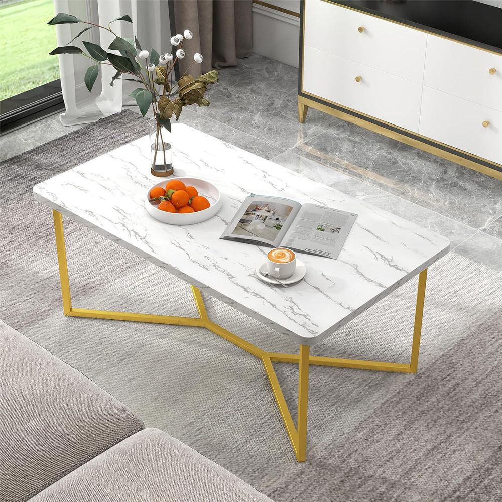 White Faux Marble Coffee Table with Gold Finished Metal Frame