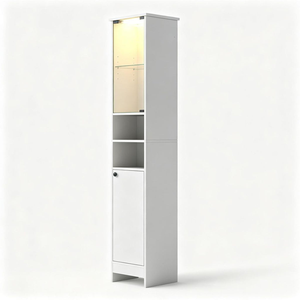 White Freestanding Bathroom Tall Storage Cabinet with Dimmable LED Light & Remote Control, Narrow 12x12 Inch Linen Tower Engineered Wood Organizer with Glass Door Adjustable Shelves Anti-Tip Design