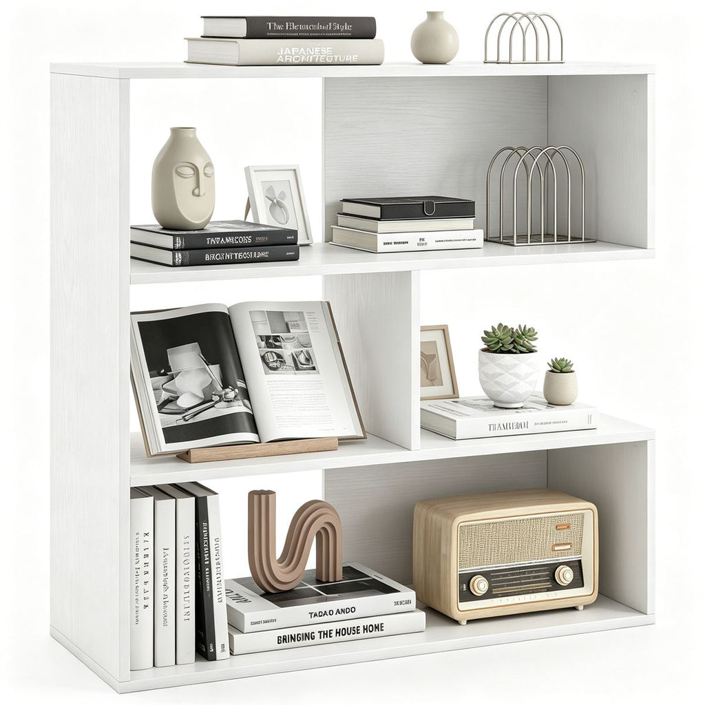 White Geometric Concave Bookshelf, 3-Tier Open Freestanding Display Shelf, Engineered Wood Storage Bookcase with Anti-Toppling Kits for Living Room Study Office
