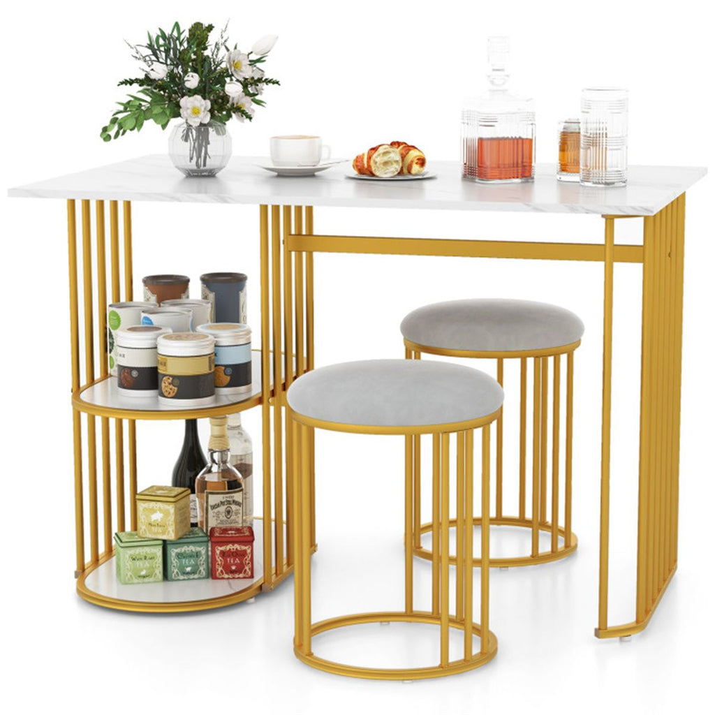 White & Gold Dining Table Set with Faux Marble Top, 2-Layer Open Shelves & Upholstered Stools