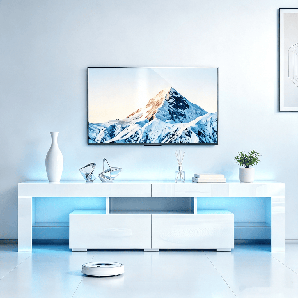 White High Gloss TV Stand with RGB LED Lights, MDF Entertainment Center with 2 Drawers & Tempered Glass Shelves, Modern Media Console Table for TVs Up to 70 Inches, 61.4 13.8 15.7 Inches
