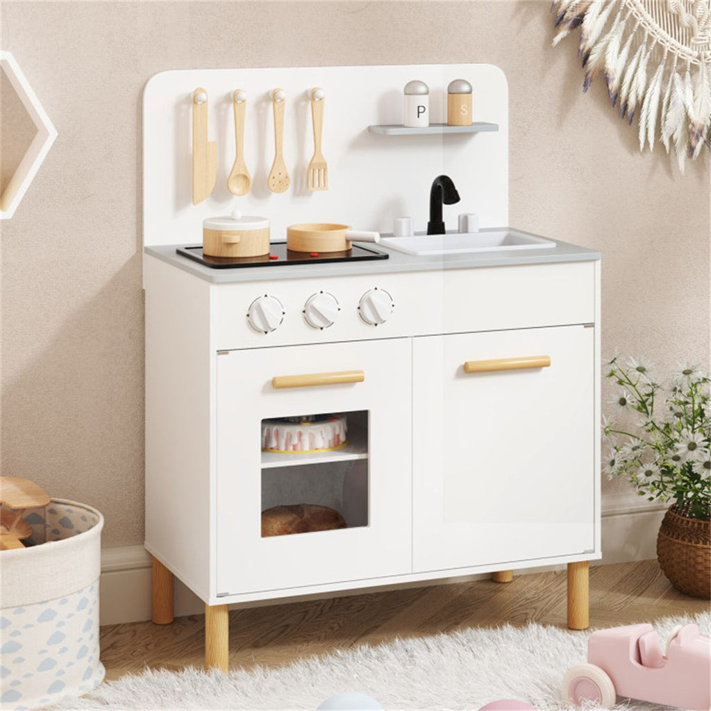 White Kids Interactive Wooden Kitchen Playset with Realistic Lights & Sounds