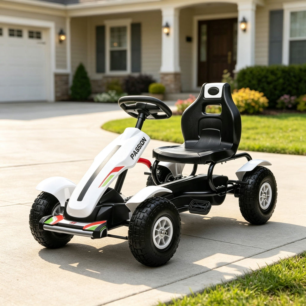 White Kids Pedal Go Kart Adjustable Seat, Rubber Wheels for Park Outdoor Ride