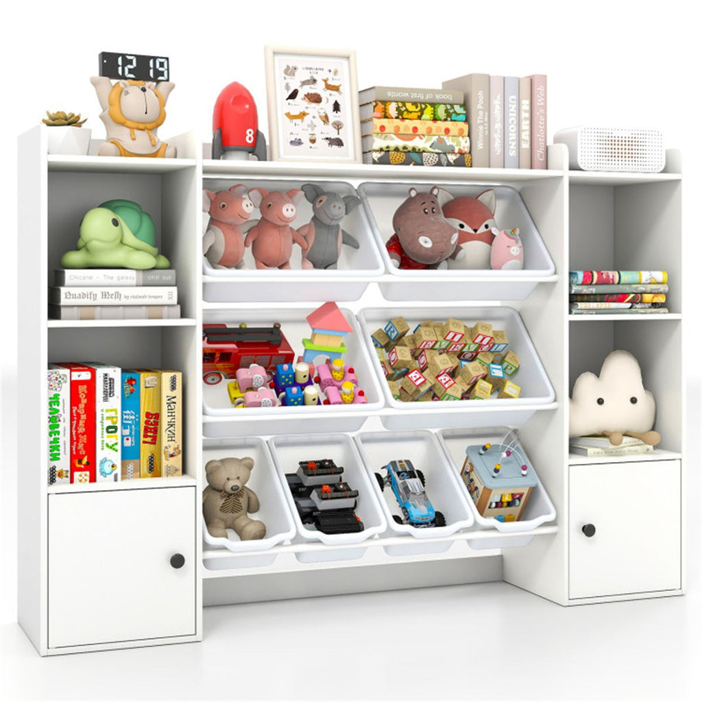 White Kids Toy Organizer with 8 Storage Bins, Anti-Tipping Design Open Shelves Cabinet for 3+ Years
