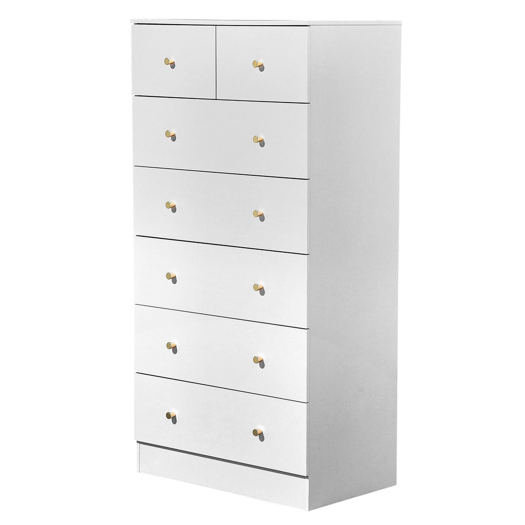 White matte finish particleboard with melamine veneer, 66*40*131cm, 5+2 drawer cabinet, matte gold handles