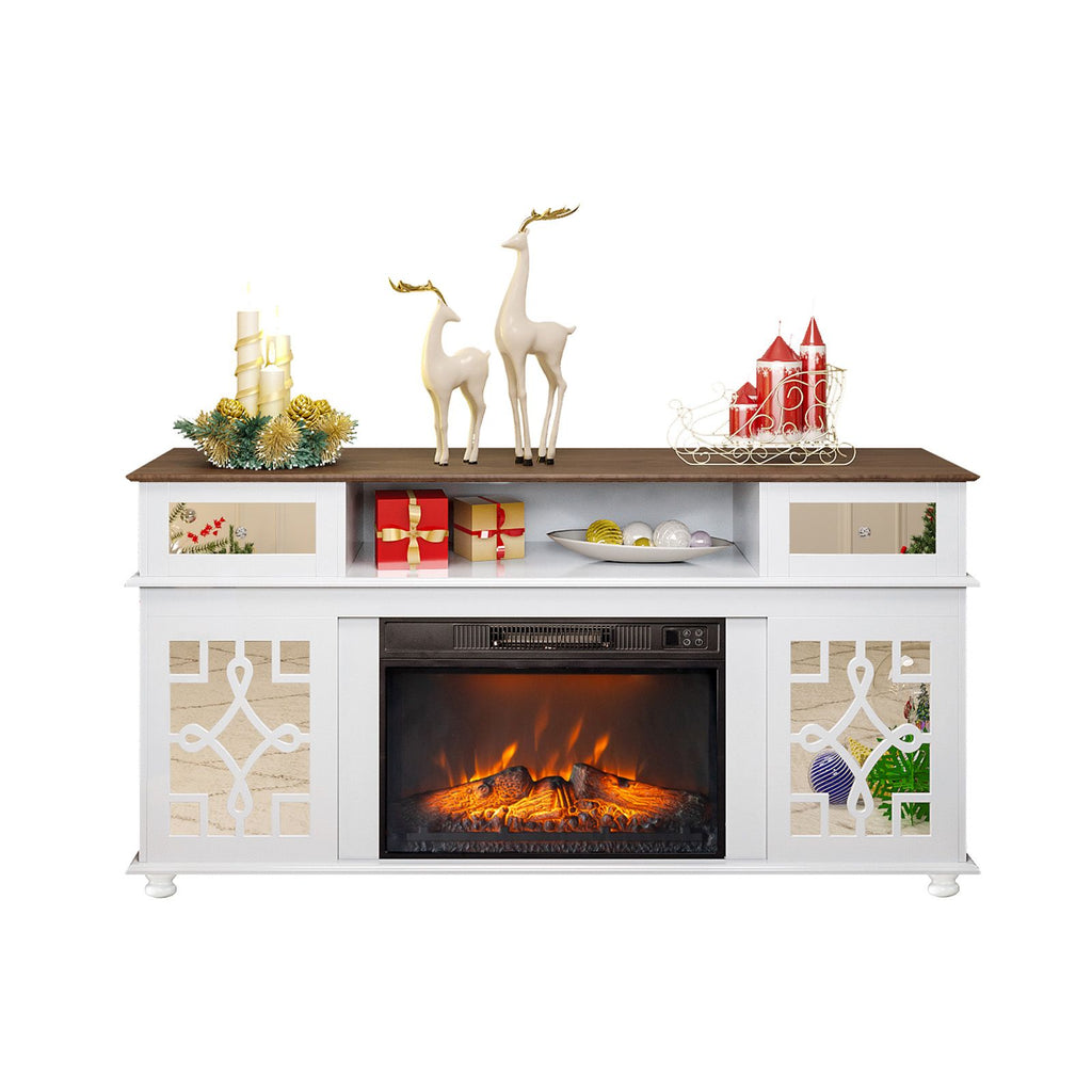 White Media Console with Mirror Doors - 60" TV Stand for 23" Fireplace, 2 Doors, 2 Drawers & Adjustable Shelf