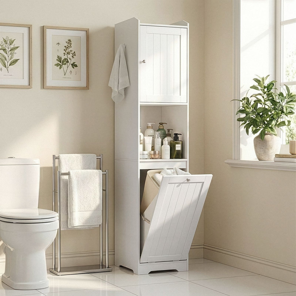 White melamine-faced particleboard, vertical grain, 40*40*180cm, 1 door + bottom flip-down drawer with non-woven storage bag, bathroom tall cabinet