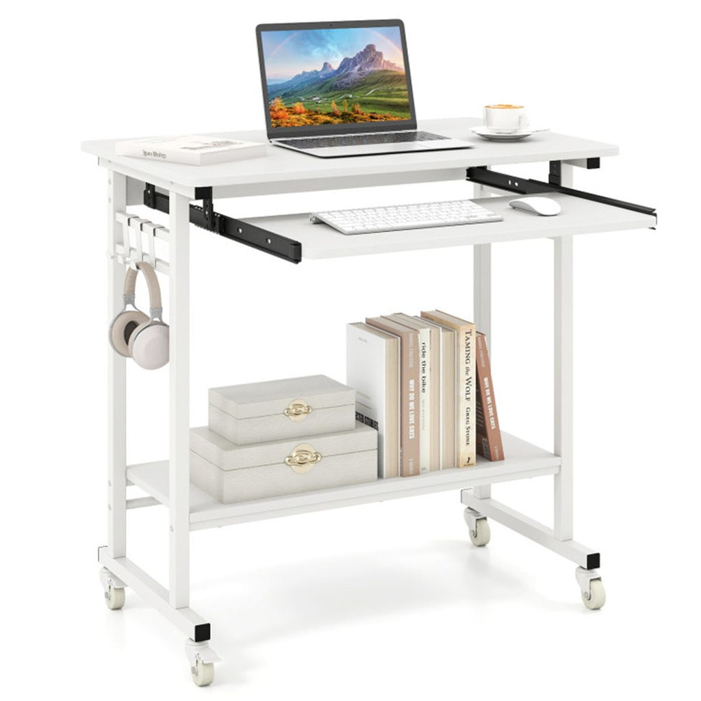 White Mobile Computer Desk with Keyboard Tray & Storage Shelf, 360° Lockable Casters for Home Office
