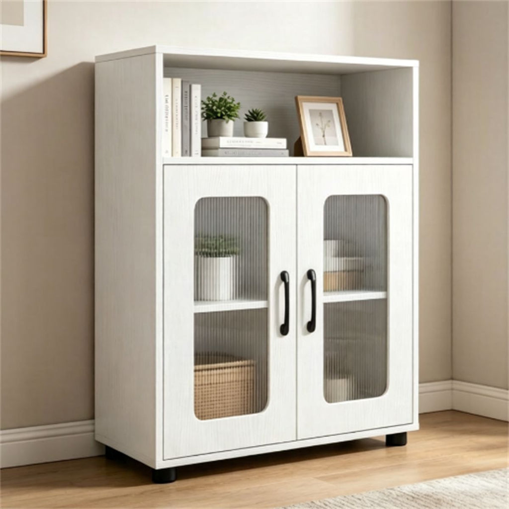 White Modern Engineered Wood Bathroom Cabinet with Open Compartment, Anti-Toppling Tall Storage Cabinet with Magnetic Door Catch for Living Room Entryway