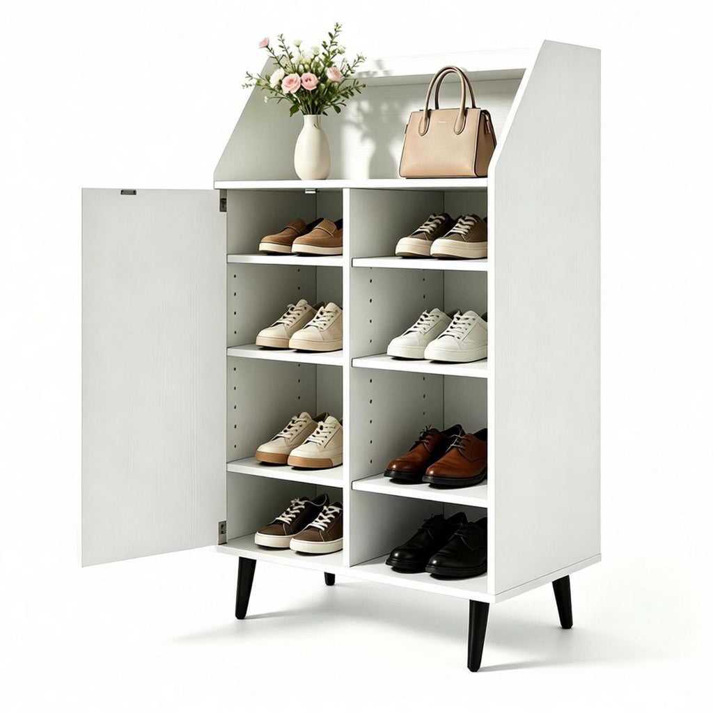 White Multi-Compartment Shoe Cabinet with Countertop & Open Storage Cubbies, Magnetic Door Adjustable Partition Shoe Rack for Shoes Boots Home Entryway Storage Furniture