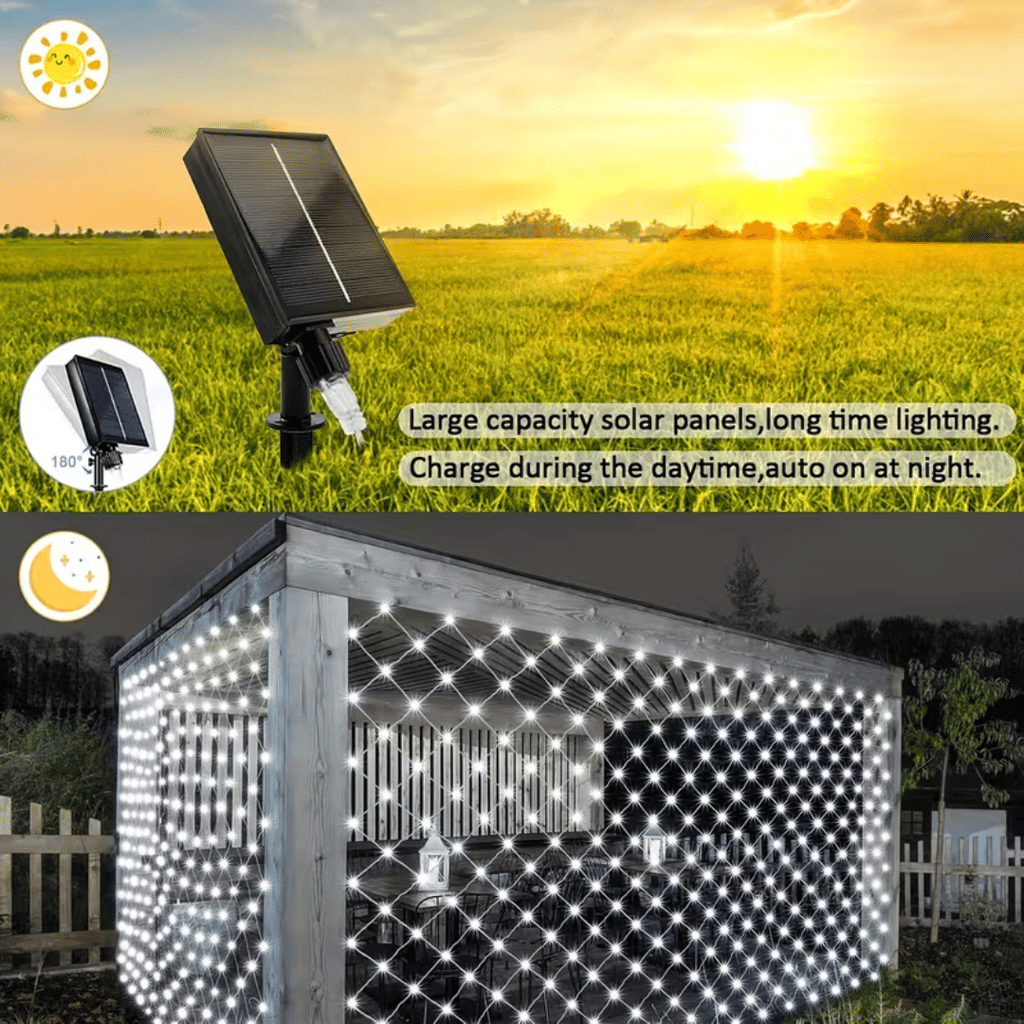 White outdoor solar mesh light, 6.6ft X 9.8ft fairy mesh light with 200 LEDs, 8 modes, suitable for Christmas trees, lawns, shrubs, fence walls