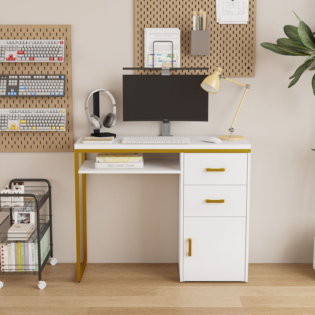 White particleboard and iron pipe, 97*35*78cm, 2 drawers and 1 door, computer desk, suitable for multiple scenarios