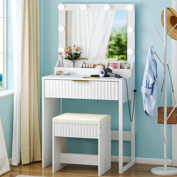 White particleboard with a 3-compartment, 1-drawer dressing table set with 8 three-color light bulbs, power strip, and grille series