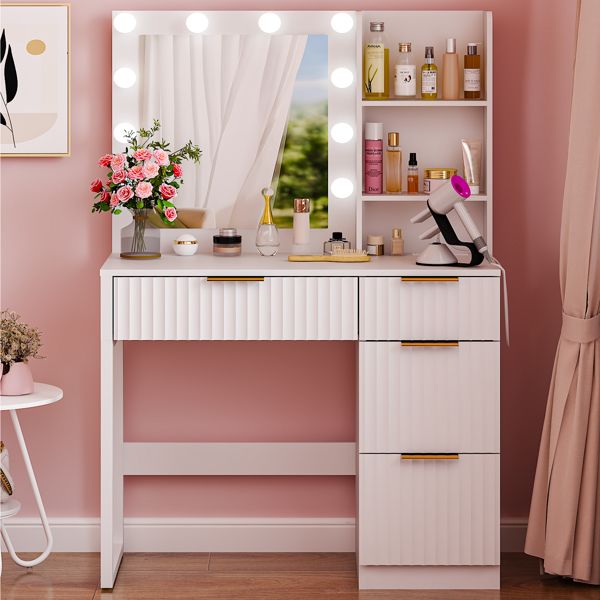 White particleboard with a melamine finish, 4 drawers, 2 shelves, dressing table with 10 three-tone light bulbs and power strips. Grille series