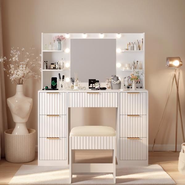 White particleboard with a melamine finish, 7 drawers, 4 shelves, a dressing table set with 10 three-tone light bulbs, a power strip, and a grille.