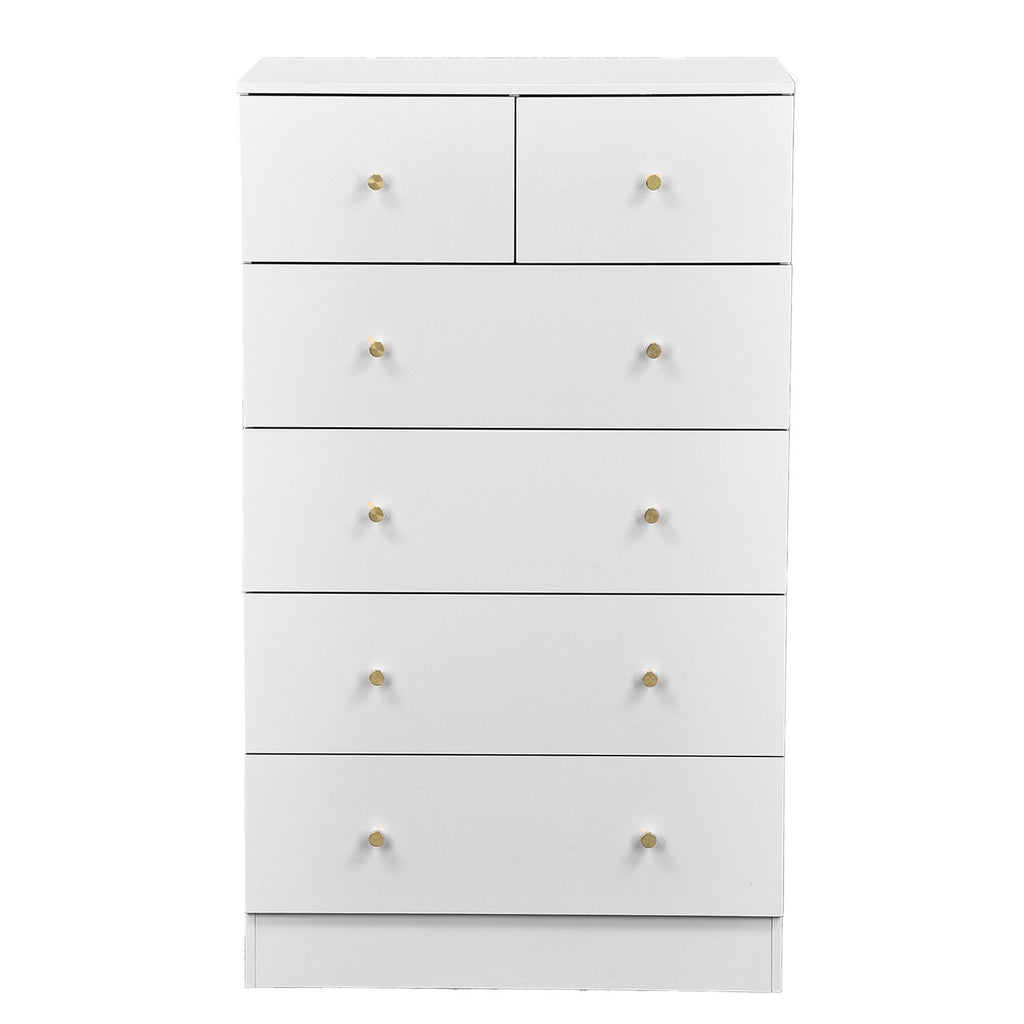 White particleboard with a textured melamine finish, 66*40*111cm, 4+2 drawer cabinet, matte gold handles