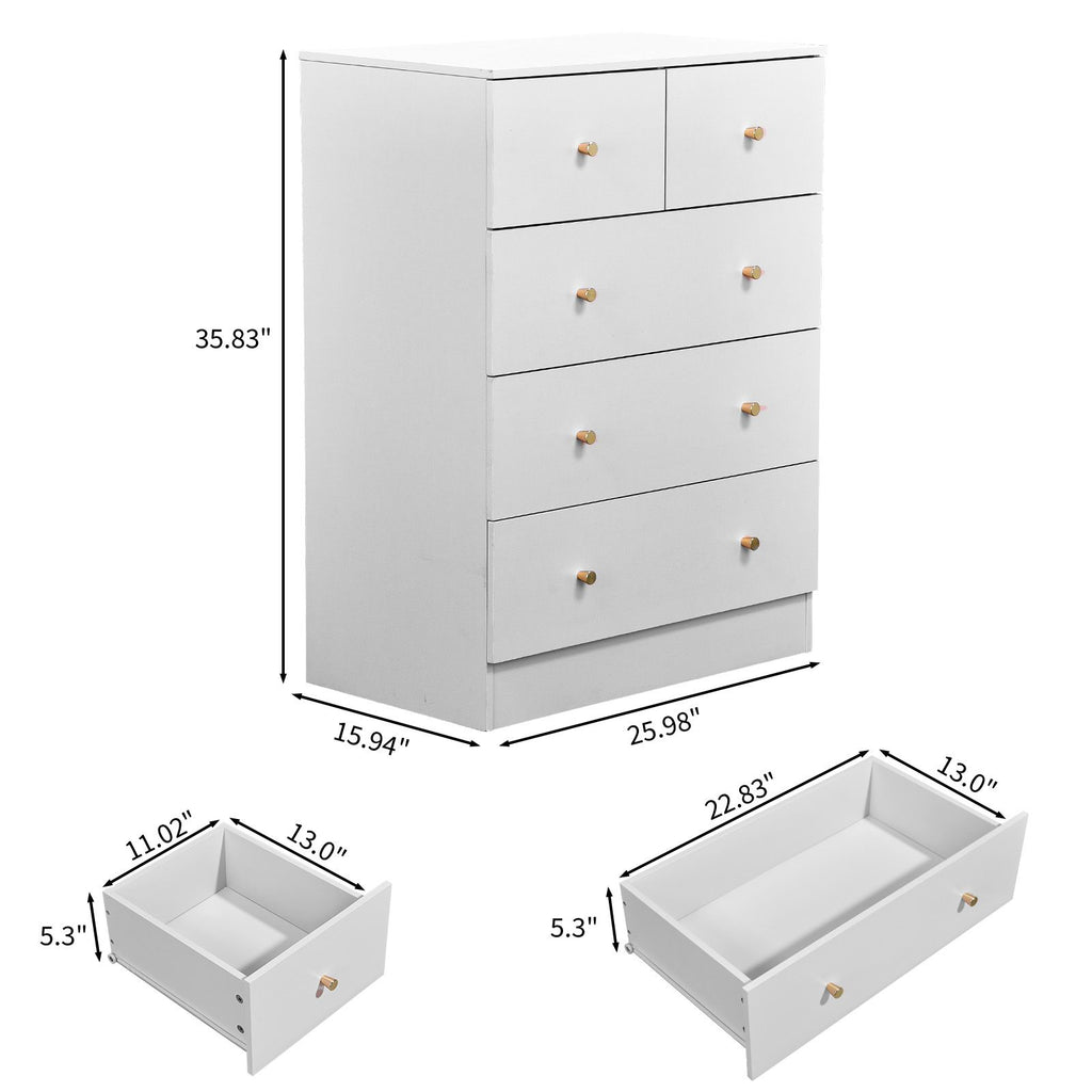 White particleboard with a textured melamine finish, 66*40*91cm, 3+2 drawer cabinet, matte gold handles