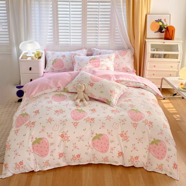 White Pink Duvet Cover Set Queen Size - Pink Strawberry Bedding Queen Comforter Sets 3 PCS with Zipper Closure Duvet Cover & 2 Pillow Shams (No Comforter)
