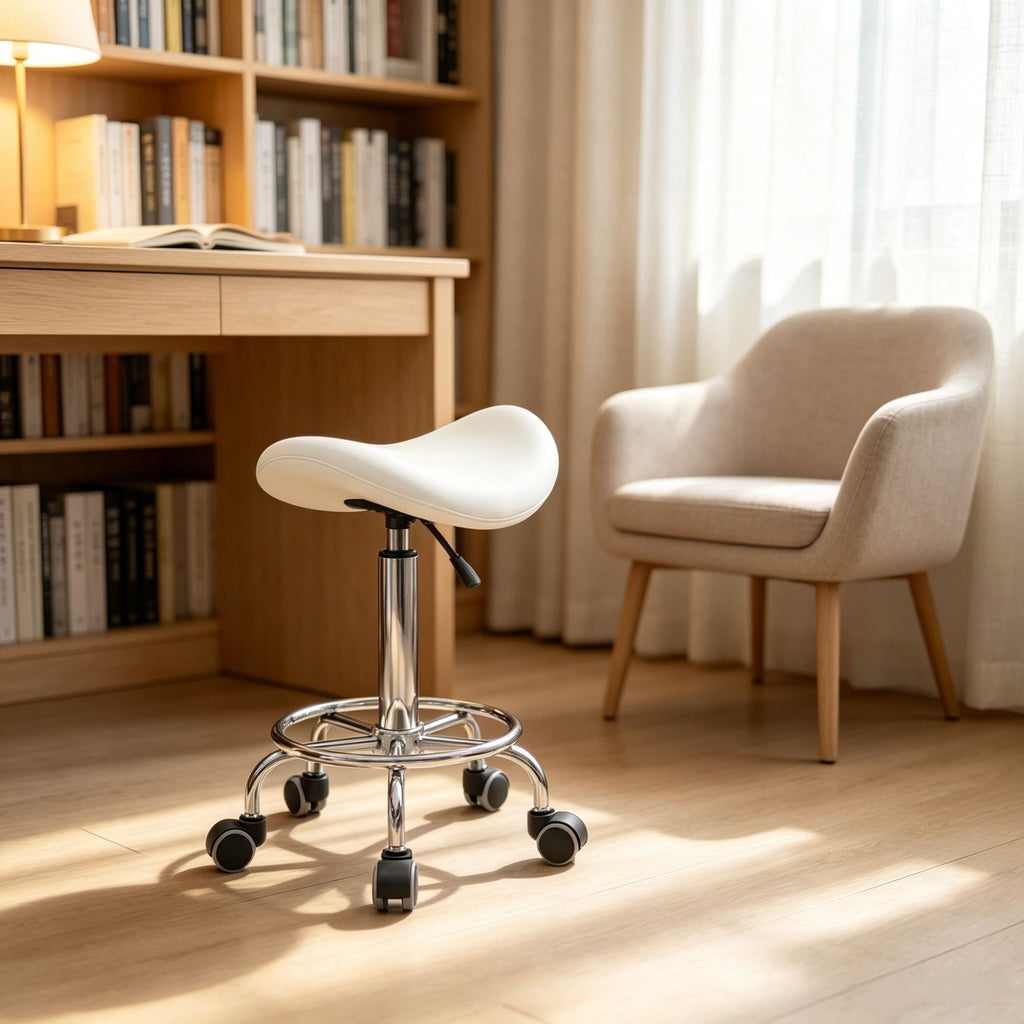 White PU Leather Saddle Rolling Stool Adjustable Height with Wheels for Massage, Spa, Beauty Tattoo