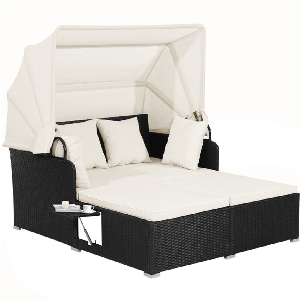 White Rattan Daybed Lounge W/ Retractable Top Canopy Side Tables Cushions