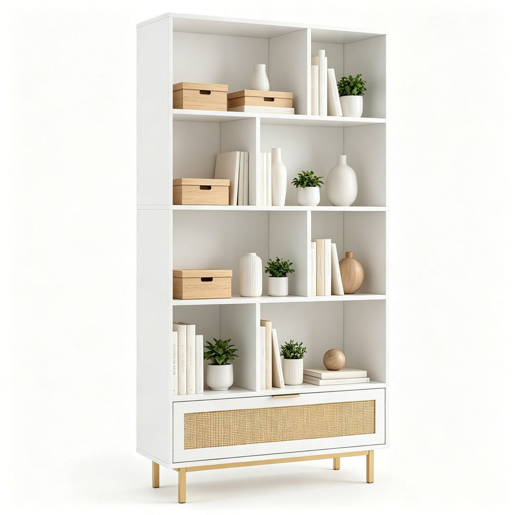 White Rattan Drawer Bookcase with 8 Open Cubbies, Freestanding Engineered Wood Storage Display Shelf with Anti-Toppling Device for Living Room Bedroom