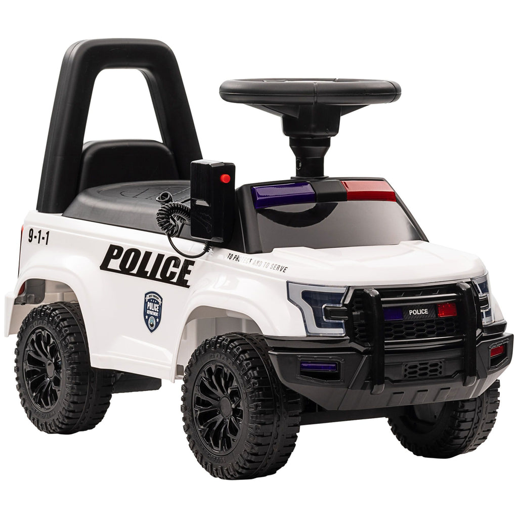 White Ride-On Push Police Car for Toddlers, Foot-to-Floor Sliding Toy, Hidden Storage, Removable Backrest for Ages 1.5-5
