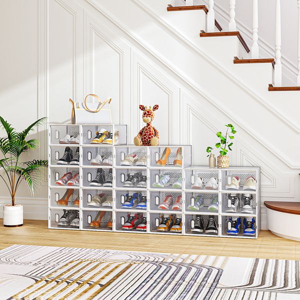 White Small 24-Piece Shoe Storage Box Set – 33x23x14cm, Plastic Mesh & Stackable Design