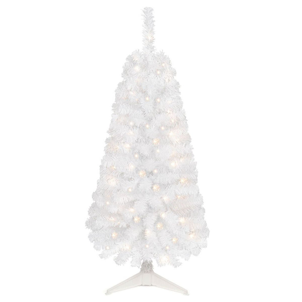 White Small Pre Lit 4 Foot Christmas Tree with 50 Warm White LED, Flame Retardant PVC Foliage, Halloween & Christmas Home Decor