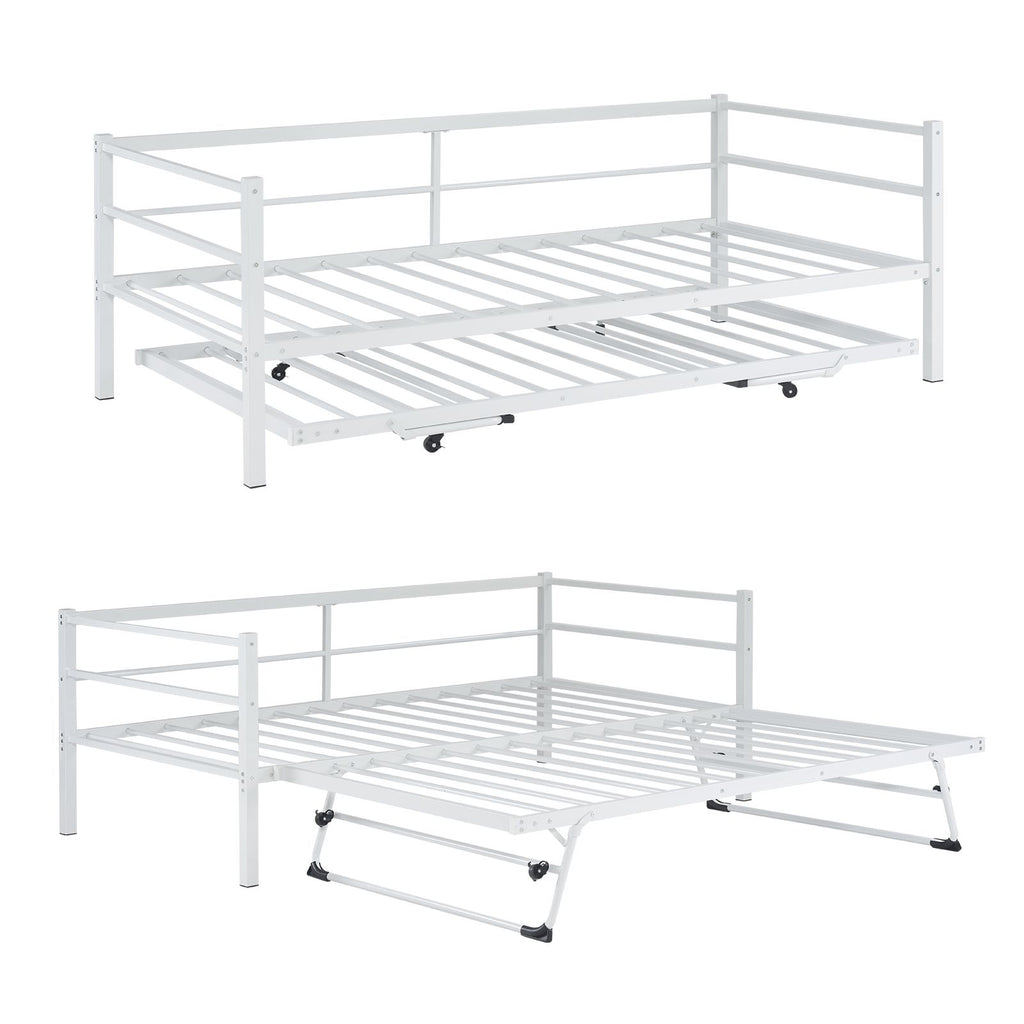 White Twin Size Metal Sofa Bed - Convertible Daybed with Pull-Out Trundle , Multi-Functional for Small Spaces