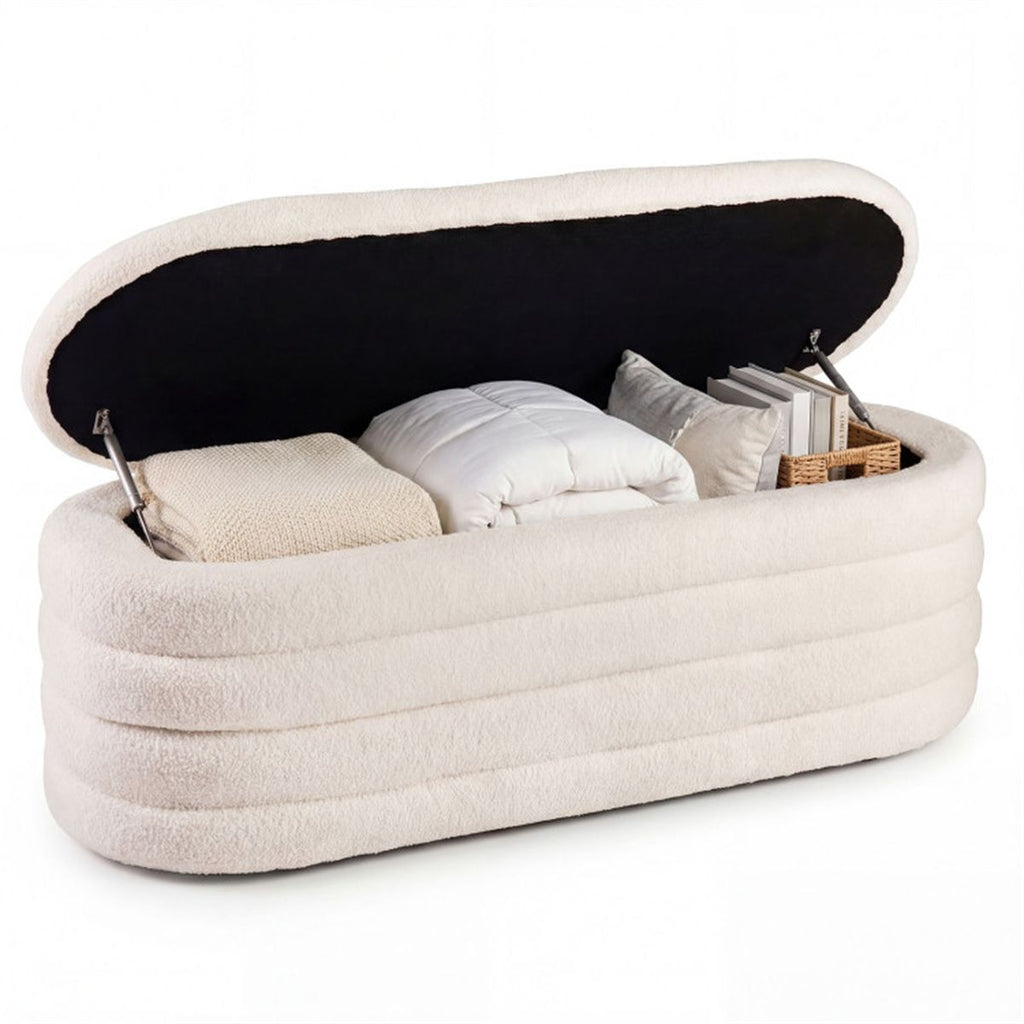 White Upholstered Storage Bench with Gas Struts 660LBS Seating Capacity for Bedroom