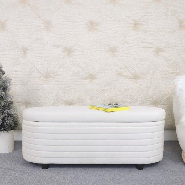 White Velvet, Modern Upholstered Storage Bench, End Of Bed Stool, For Living Room, Entryway, Bedroom