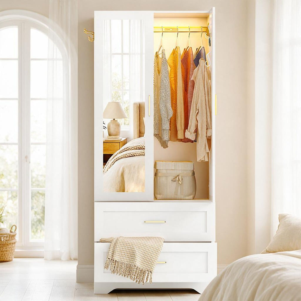 White Wardrobe Closet with Mirror Door, 2 Doors & 2 Drawers Storage Cabinet with LED Sensor Light, Built-in Pegboard Organizer, Freestanding Clothes Wardrobe for Bedroom, Engineered Wood
