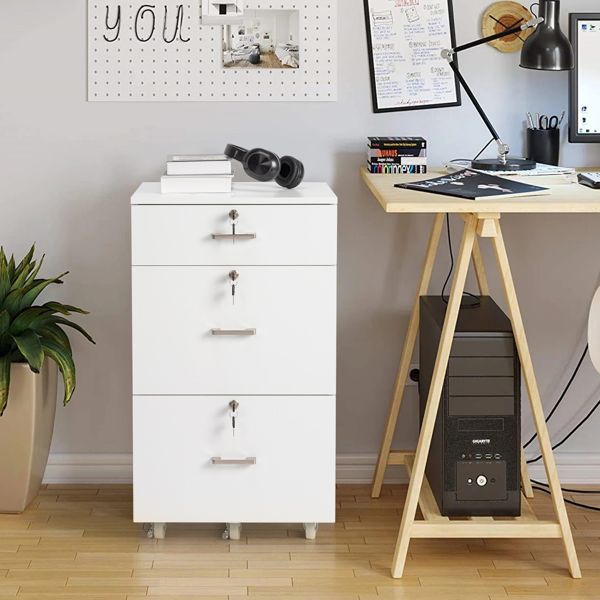 White wood grain density board, one small drawer and two large drawers, wooden filing cabinet, suitable for Legal&Letter labeled documents