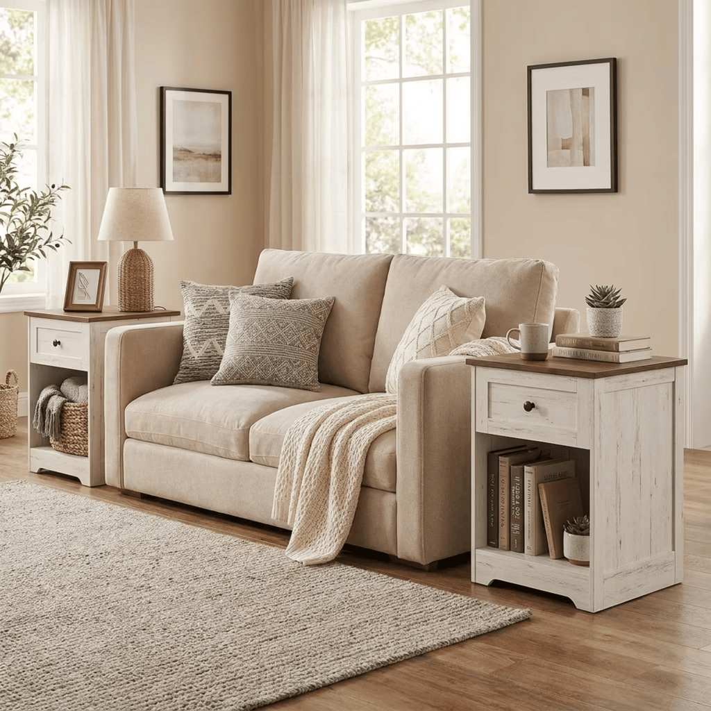 White Wood Nightstand with Charging Station, USB Charger, Drawer, Open Shelf