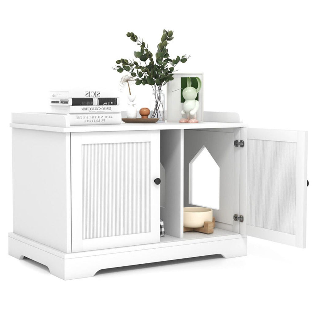 White Wooden Cat House with Scratching Pad and Adjustable Divider, Nightstand, Coffee Table, or Side Table