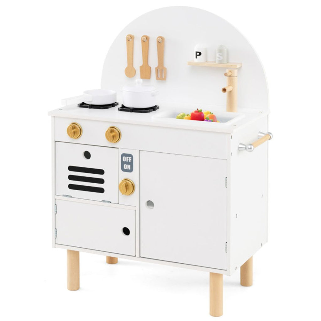 White Wooden Kids Play Kitchen with Interactive Stove & Sink, ASTM/CPSIA Compliant Pretend Cooking Set for Ages 3+