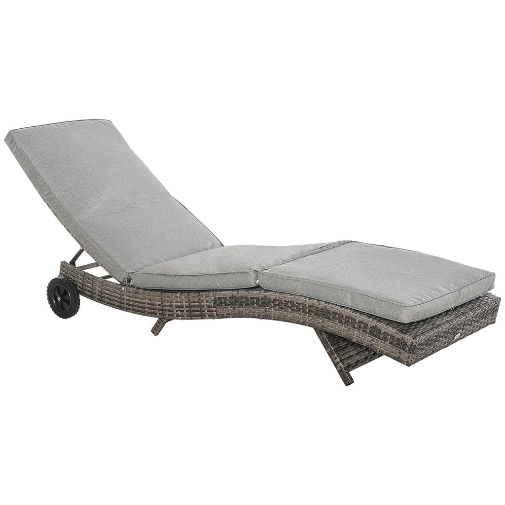 Wicker Chaise Lonuge, Outdoor Rattan Cushioned, Sun Lounger w/ 5-Level Adjustable Backrest & 2 Wheels for Movement, Grey