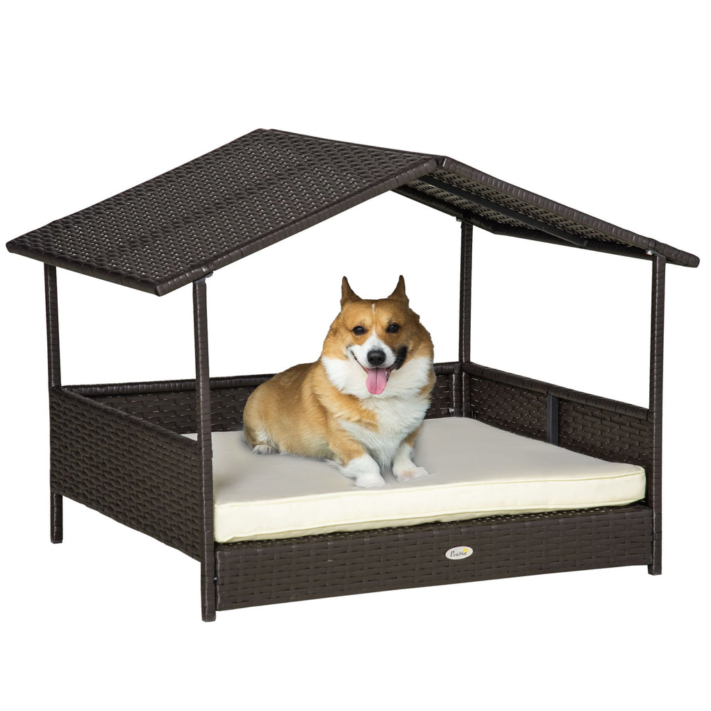 Wicker Dog Bed Outdoor Elevated with Rattan Canopy Cushioned PE Rattan Dog Cat House Sleeping Pad Cream