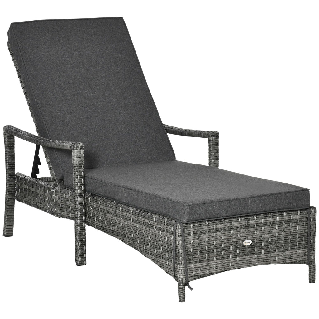 Wicker Lounge Chair, 4 Position Adjustable Backrest, Removable Cushion, Wicker Rattan Lounger for Poolside or Balcony, Dark Gray
