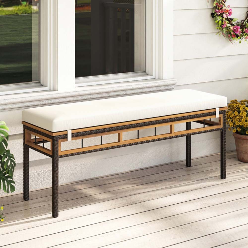Wicker Patio Bench for 2 People 48invh Long Backless Dining Bench with Acacia Wood Seat