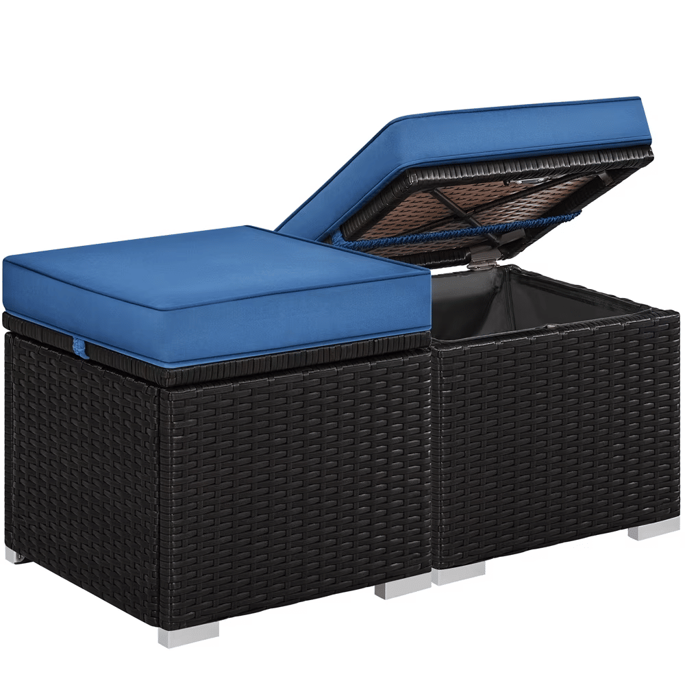 Wicker PatioStorageOttomans with Cushions, Set of 2, Brown/Dark Blue